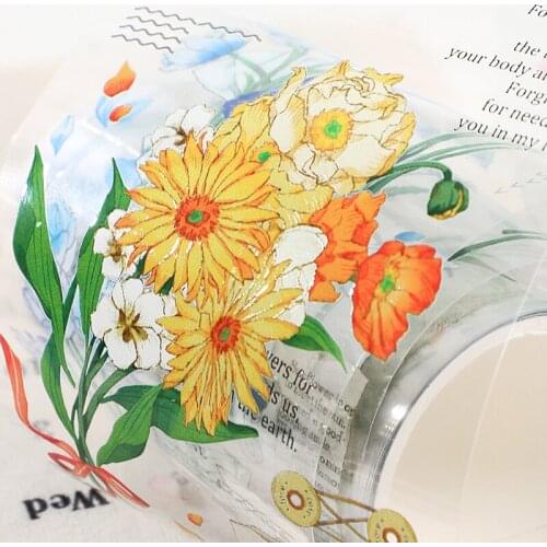 Vintage Flower Plant Bouquet PET Special Oil Washi Tape Junk Journal Masking Tape DIY Scrapbooking Decorative Stickers Label