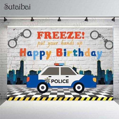 Police Theme Happy Birthday Party Photography Backdrop for Child Boys City Police Car Brick Wall Background Photographic Studio