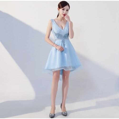 Blue Lace Mini Short Qi Pao Women Chinese Evening Dress Cheongsam Modern Elegant V Neck Dresses Qipao Promotion Robe Orientale