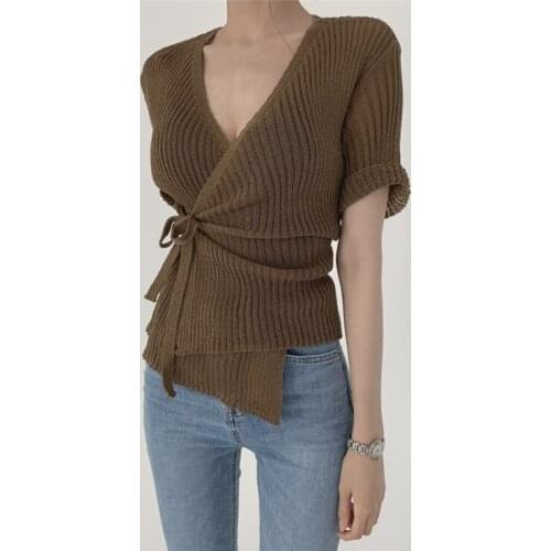 Korean version of sexy V-neck cross-tie V-neck sweater top fashion Blouses Casual Female Shirts Chic Tops