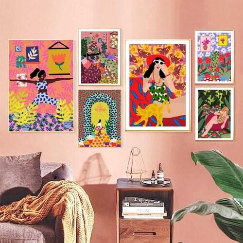 Colorful Fashion Girl Cat Minimalist Wall Art Canvas Painting Nordic Posters And Prints Wall Pictures For Living Room Decor