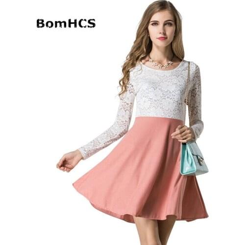 BomHCS Fashion New Women Spring Long Sleeved Stitching Lace Dress Slim Big Swing Bottom Dress