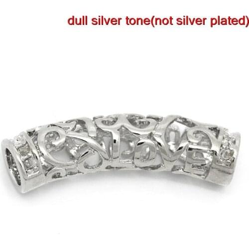 Doreen Box Copper Spacer Beads Curved Tube Silver Color "Love"& Heart Pattern Hollow 29mmx9mm,Hole:4.4mm,5PCs (B30521)