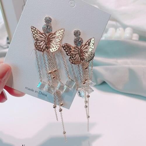Fashion Korean Metal Butterfly Crystal Long Tassel Drop Earrings For Girls Women Elegant Party Pendientes Jewelry
