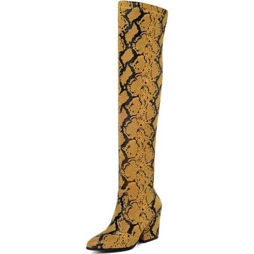 New brand fashionable womens over-the-knee boots chunky heels stretch boots European serpentine boots warmth size 34-43