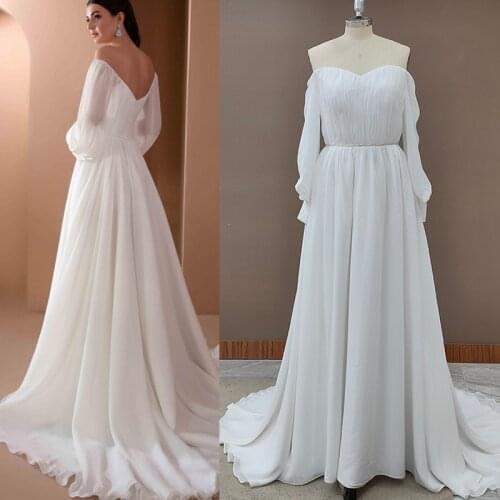#10144 2021 New Elegant Chiffon Long Sleeves Boho Wedding Dress Backless Off-Shoulder Rustic Bridal Photoshoot Gown Custom Made