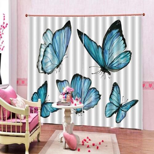Moden thick Blue butterfly Blackout 3D Curtains For Living room bedroom Indoor Window Curtains （left and right side)
