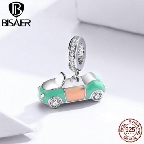 Retro Car Pendant BISAER Real 925 Sterling Silver Enamel Vintage Car Vehicle Charms Beads fit Bracelets Silver Jewelry EFC155