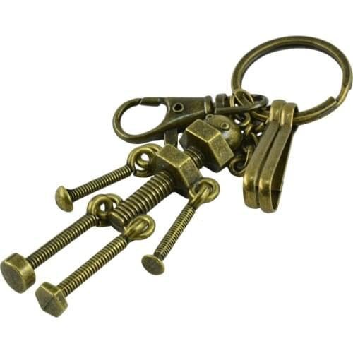 Retro Chic Bronze Round Key Ring with Lobster Keychain Screw Robot Pendant for Men Women