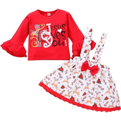 2Pcs Toddler Christmas Outfits, Letters O-Neck Flare Sleeves T-Shirt + Reindeer Suspenders Skirt for Girls, 1-4 Years