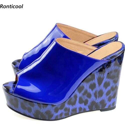 Ronticool Handmade Women Sandals Patent Leather Blue Leopard Wedges Heels Open Toe Pretty 9 Colors Night Club Shoes US Size 5-20