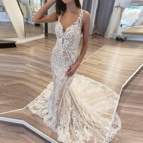 Modest Lace Mermaid Wedding Dresses New Fashion Illusion Back Modern Wedding Gown Handmade Sweep Train Bridal Dress