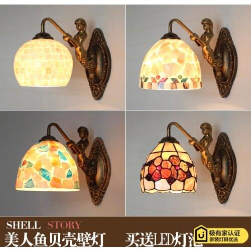 Mediterranean LED Tiffanylampe,Tiffany Mermaid Wall Lamp AC 110/220V E27 Shell Wall Lamps for Home Corridor Bedroom