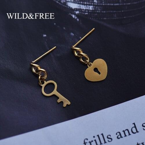 Wild&Free New Cute Small Key Heart Stud Earrings For Women Minimalist Jewelry Stainless Steel Link Chain Music Pendant Earrings