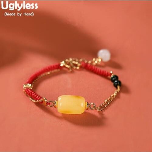Uglyless Natural Jade Amber Bracelets for Women GOOD LUCK Red Rope Bracelets Jade Lotus Charms Fashion Jewelry 925 Silver Bijoux