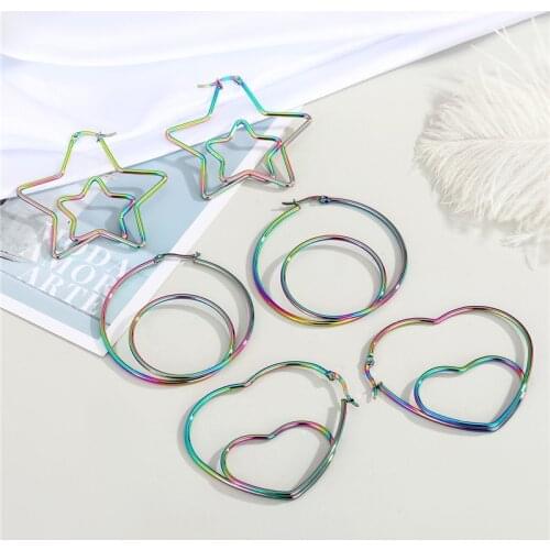 1Pair New Colorful Stainless Steel Double Circle Hoop Earrings For Women Hyperbolic Heart Star Round Big Ear Stud Jewelry