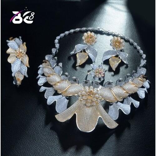 Be 8 Luxury Flower Shape 2 Tones Mix Women Wedding Cubic Zirconia Statement Necklace Earring Bangle Ring Jewelry Set S327