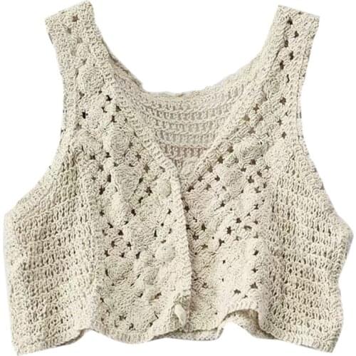 Women Crochet Knit Sleeveless Crop Top Vest Floral Lace Button Waistcoat Jacket Q39C