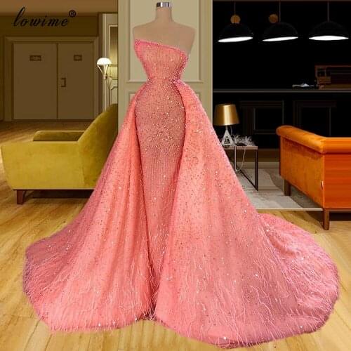 Two Pieces Pink Beading Evening Dresses Long Arabic Celebrity Dresses For Women Grand Event Party Dresses Robe De Soiree Custom