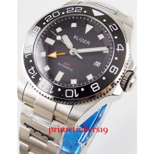 43mm BLIGER brand business sapphire glass date indicator GMT function stainless steel automatic movement men wristwatch