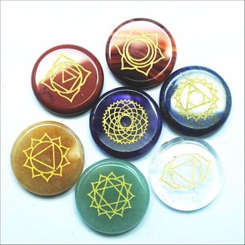 7pcs Seven chakras signs symbols tibetan religions chakela indian yoga excise nature stone 4 designs NO HOLES crystal ventureine