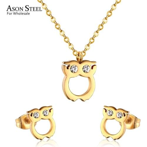 ASONSTEEL Cute Gold/Silver Color Owl Pendant Necklace Earring Sets Stainless Steel Women Jewelry Sets Wholesale