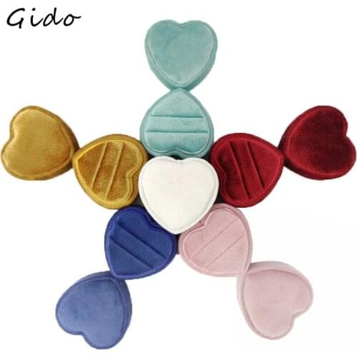 Velvet Double Ring Box Heart Shape Wedding Ceremony Ring Box with Detachable Lid for Jewelry Supplier