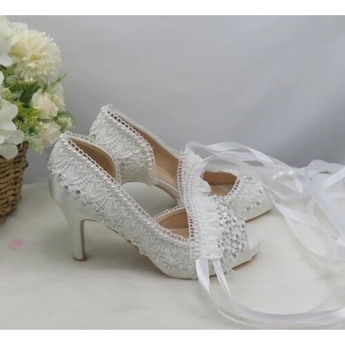 Lace Flower White Bride Wedding Shoes Women Open Toe Party Dress Shoes Ladies High Heel Pumps Peep Toe Thin Heels Princess shoes