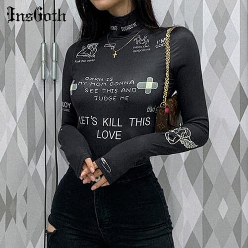InsGoth Punk Sexy Bodycon Black Bodysuit Gothic Letter Print Long Sleeve Bodysuit Women Harajuku Streetwear Turtleneck Bodysuit