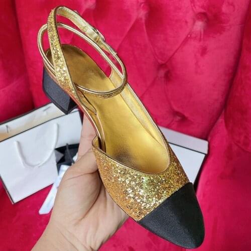 Bling Sequins Woman Sandals Buckle Strap Shoes Women Summer Sliders Square Heels Lady Shoes Fashion Elegant Sandals Patchwork