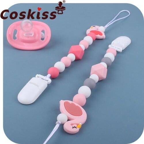 Coskiss Cartoon Flamingo Pacifier Clips Chain Crown Silicone Bead Dummy Chain Newborn Attache Sucette Kids Molar Chains Gift