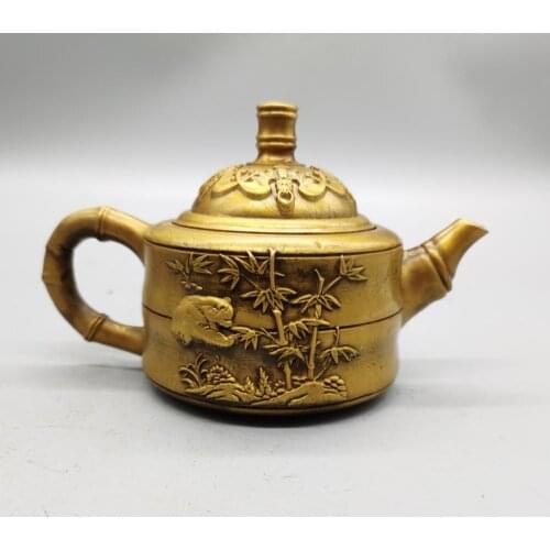 China Qing Dynasty Old decoration brass copper Panda and bamboo statue pot Teapot metal handicraft wine pot