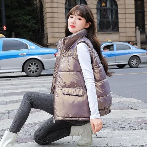 Short Female Vest Jacket Winter 2021 Glossy New Down Cotton Sleeveless Women Coat No wash Thicken Stand Collar Waistcoat Outwear