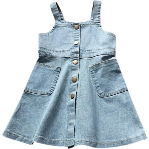 Summer Kids Toddler Princess Strap Sundress Solid Baby Girls Denim Dress Fashion Casual Cute Girls Dresses