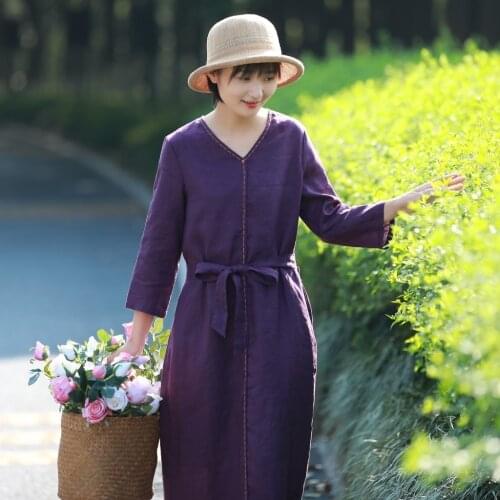 Chinese Style Flax Dress Literature Five Lead Long Sleeve Automatic Culture Show Lanki Dress Handmade Embroidery