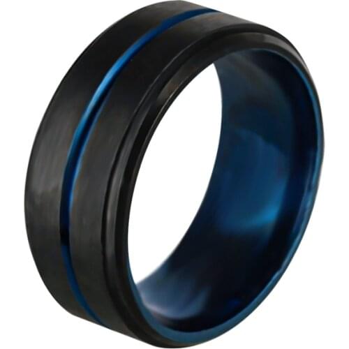 Mens Fashion 8MM Black Brushed Ladder Edge Tungsten Ring Blue Groove Men Wedding Ring Gifts for Men