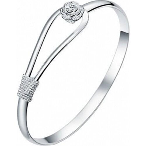 New Fashion 925 Sterling Silver Simple Rose Flower Bangles Buckle Cuff Bracelets & Bangles Jewelry Pulseras For Women