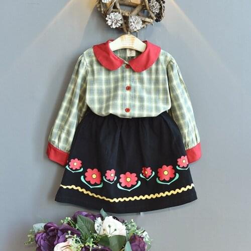 Girls Clothing 2021 Spring Autumn Plaid Contrast Long-sleeved Shirt & Skirt Two-piece Set Baby Girl Clothes Little Girl Clothes