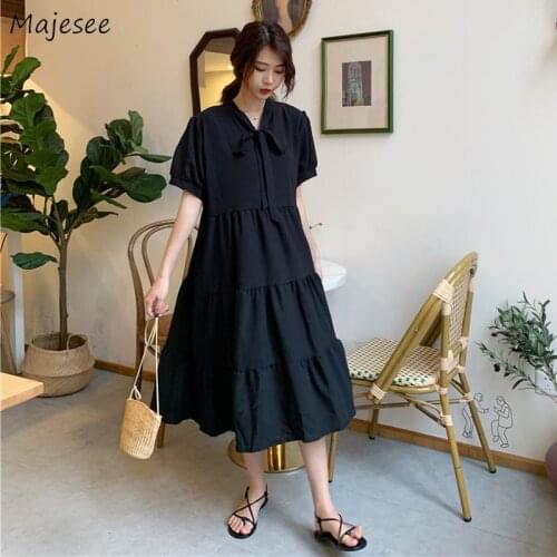 Dresses Women Solid Loose Large Size S-5XL Lace-up Holiday Korean Style Short Sleeve Midi-length Leisure Ulzzang Lady Vestdios
