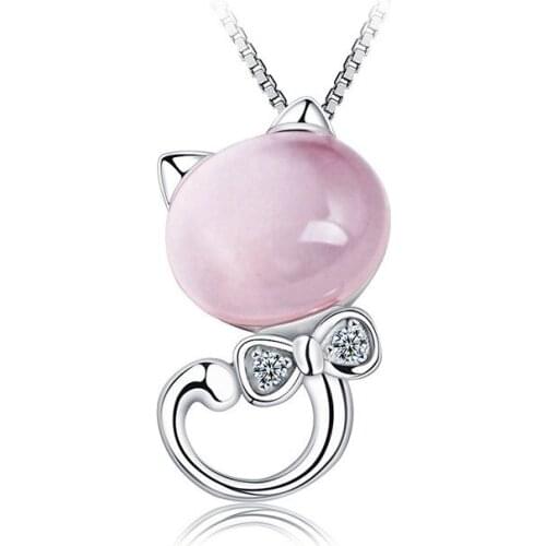 Popular 925 Silver Mosaic Pink Crystal Cat Dangle Pendant Trendy Fashion Charm Jewelry Accessories Gifts for Her Women