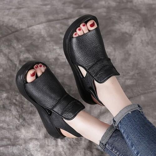 2020 Summer Shoes Woman Thick Bottom Flat Platform Sandals for Women Genuine Cow Leather Fashion Wedges Peep Toe Women Sandals
