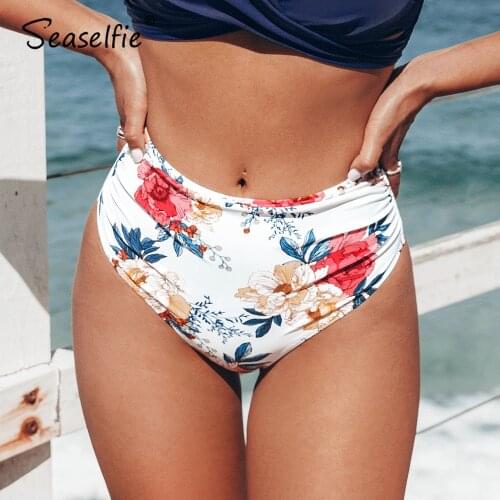 SEASELFIE White Floral High Waisted Bikini Bottom Women Brief Separate Bottom Female Panties 2021 Single Swim Shorts Swimsuit
