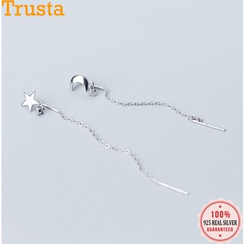 Trusta 100% 925 Solid Real Sterling Silver Asymmetric Star Moon Linked 6.5cm Drop Stick Stud Earring For Girl Friend Gift DS1094