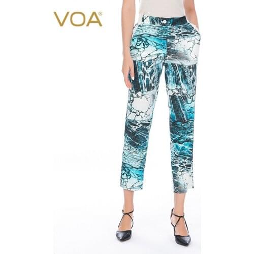 VOA 28m/m Silk Printing Stretch Satin A Button In The Waist Fashion Micro Elastic Summer Render Sports Pants KE135 Harem Pants