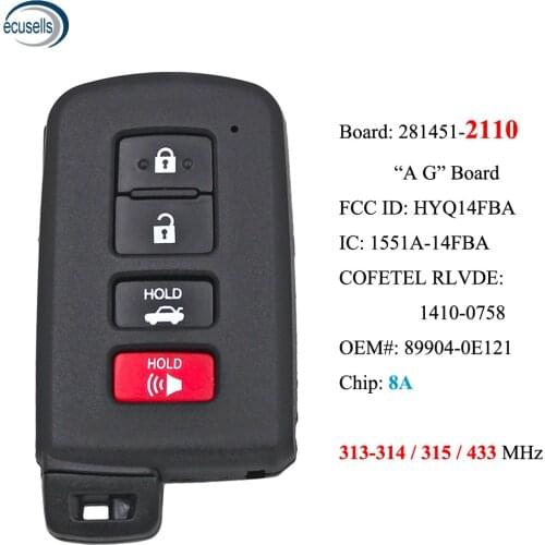 Smart Key 8A Chip for Toyota Highlander Limited 2014 2015 2016 2017 2018 2019 FCCID: HYQ14FBA - 281451- 2110 , P/N: 89904-0E121