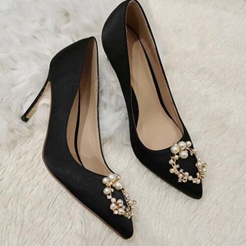 Ladies Silk Shoes Autumn High Heels Womens Classic Thin Heels Pointed Toe Pumps Fashion Party and Wedding Shoes Black Red
