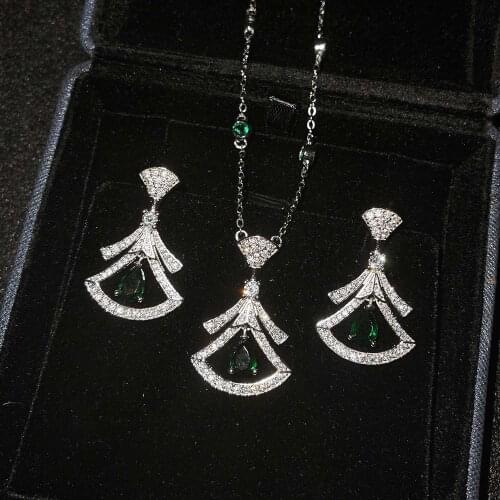 QTT Gorgeous 925 Sterling Silver Sets Sector Design Earrings Necklace Set High Quality Cubic Zirconia Jewelry Wedding Gift