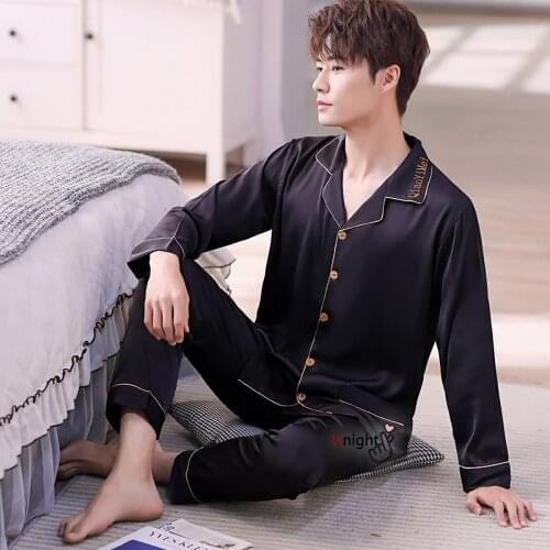 High Quality Men Spring Home Clothes 3xl Luxury Pajamas 5xl Plus Size Male Sleepwear Long Sleeve Black Silk Sleep Pajama Sets