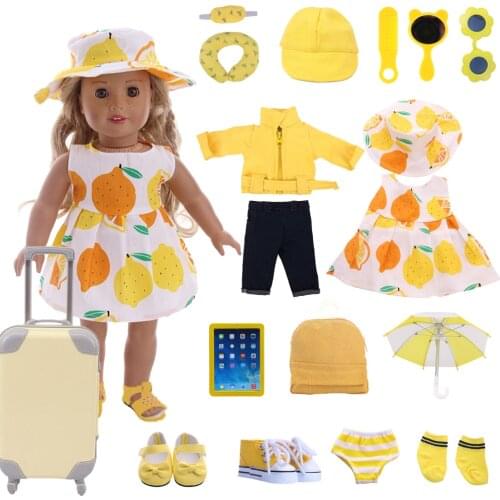 Yellow Leather Travel Suitcase Suit Fit 18 Inch American Doll & 43 cm Baby Newborn Reborn Doll Clothes/Accessories Girls Toy
