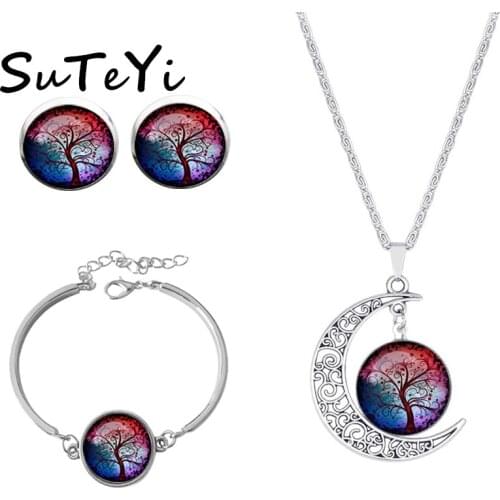 SUTEYI Women Romance Silver Color Jewelry Sets Blue Life Tree Image Moon Glass Pendant Women Necklace Earrings Bracelet Set